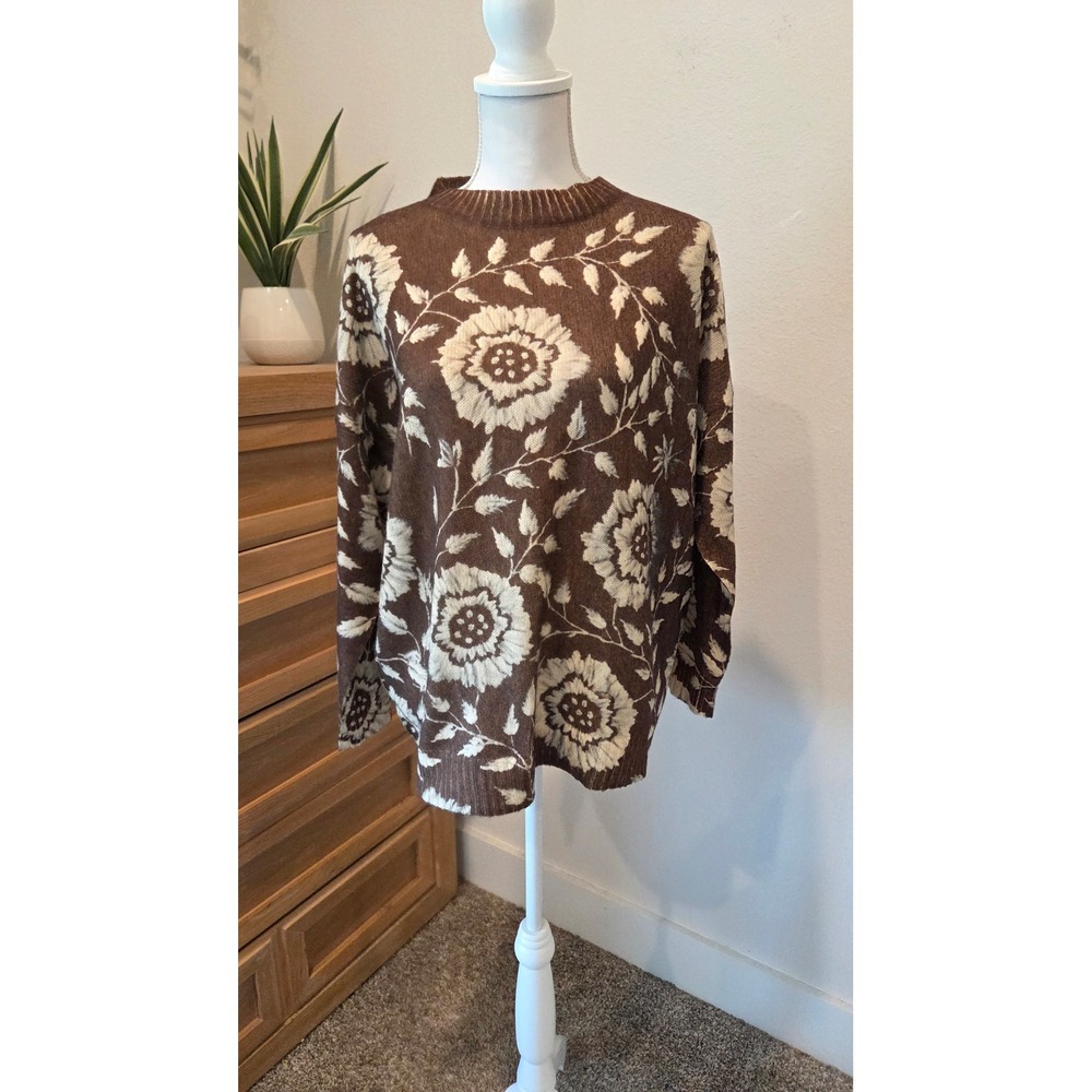 SHEIN Curve Sweater Polyester Floral Jacquard Relaxed Brown Cottagecore 1XL